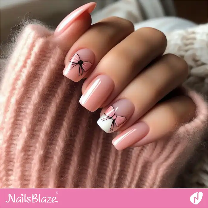 Squoval Peach Fuzz Nails with Bows | Color of the Year 2024 - NB1961